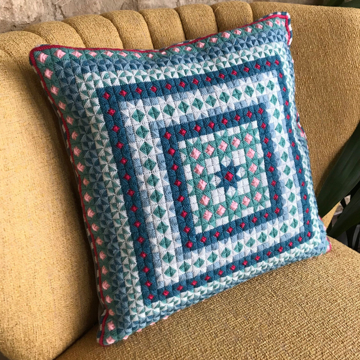 Needlepoint Cushion Kit: Geometric Design, Appletons Wool, Velvet Back