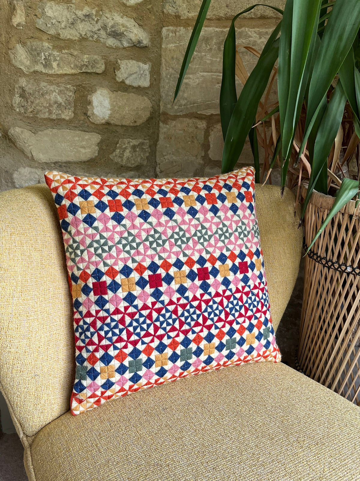 Geometric Needlepoint Pillow Kit: Quilt Style, Appletons Wool, Velvet Back