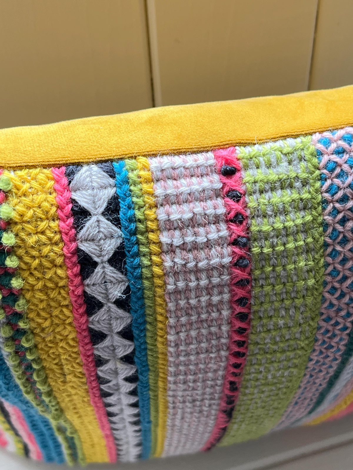 Needlepoint Cushion Kit: Stripey Sampler Design with Appletons Wool & Velvet
