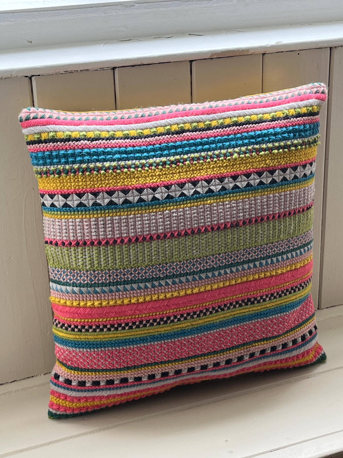 Needlepoint Cushion Kit: Stripey Sampler Design with Appletons Wool & Velvet