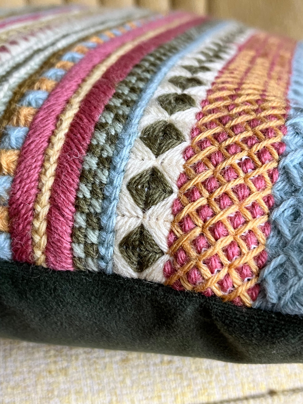 Needlepoint 16" Cushion Kit Stripey Sampler: Earth Tones with Appletons Wool & Velvet Backing