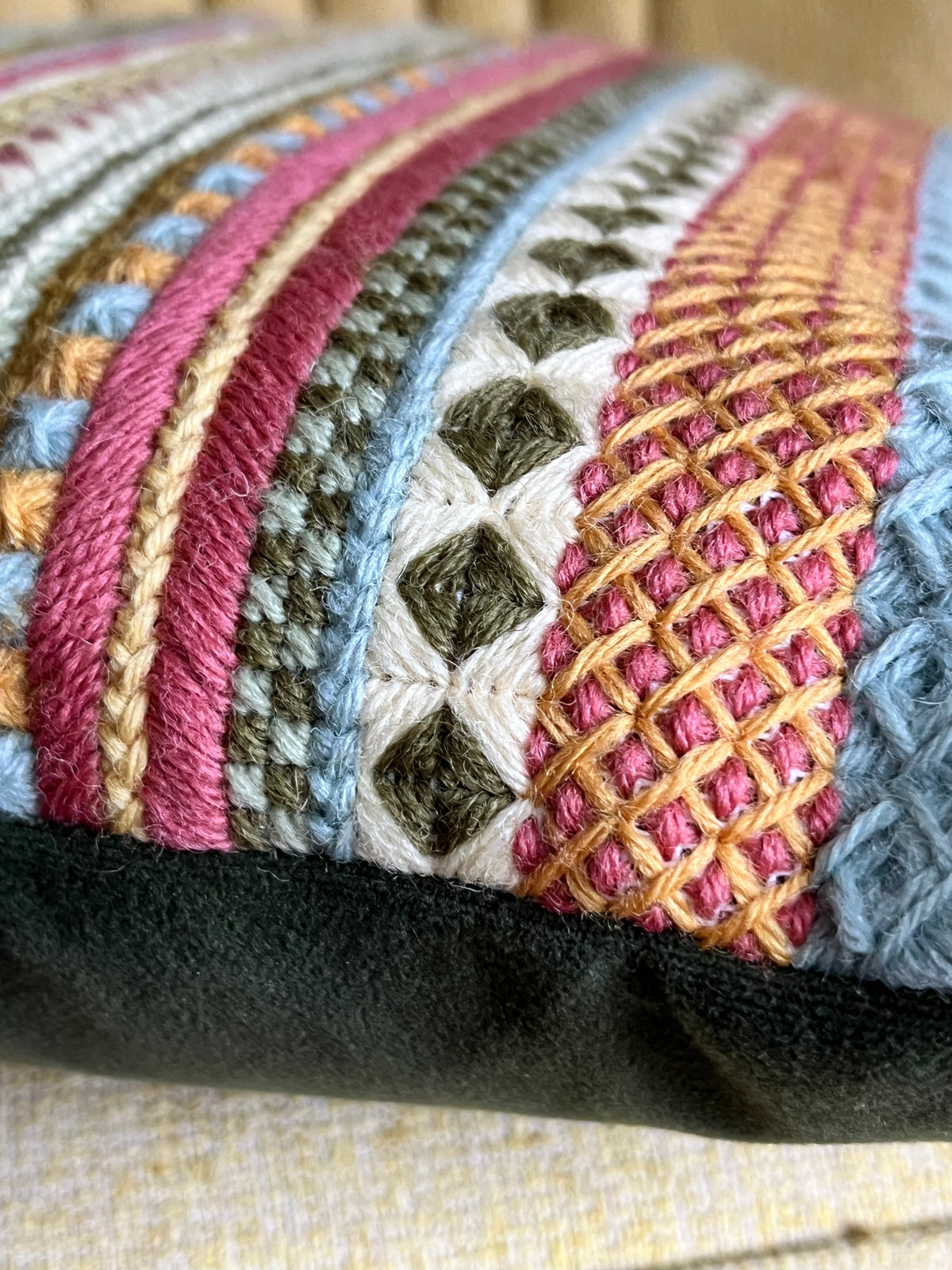 Needlepoint 16" Cushion Kit Stripey Sampler: Earth Tones with Appletons Wool & Velvet Backing