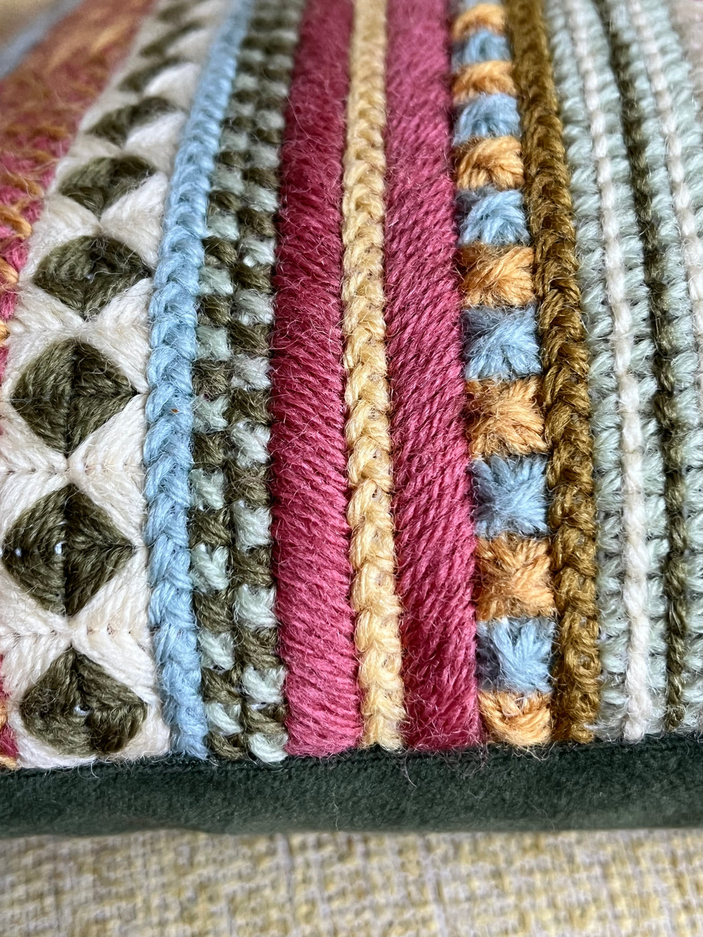 Needlepoint 16" Cushion Kit Stripey Sampler: Earth Tones with Appletons Wool & Velvet Backing