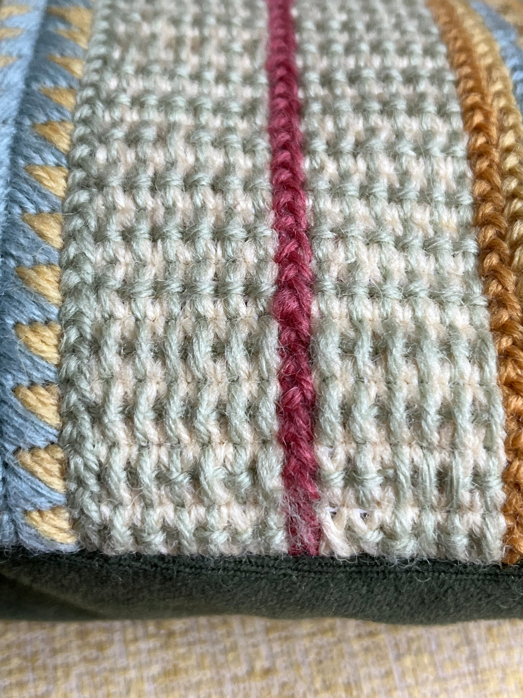 Needlepoint 16" Cushion Kit Stripey Sampler: Earth Tones with Appletons Wool & Velvet Backing