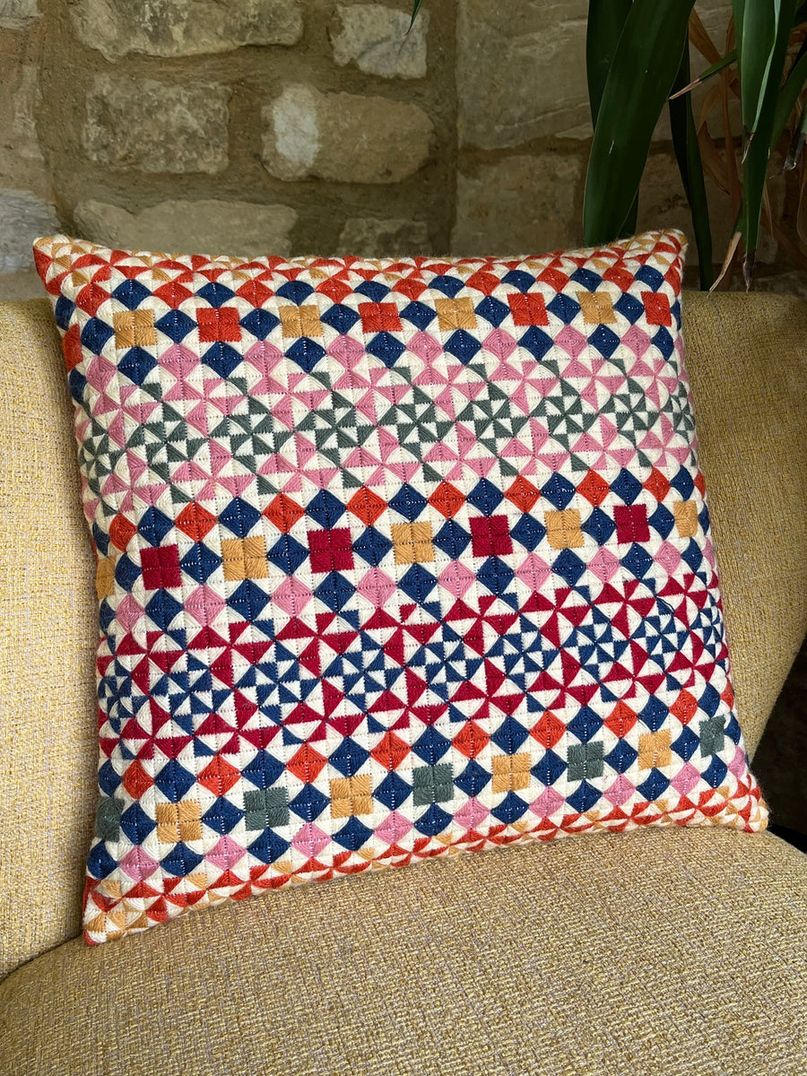 Geometric Needlepoint Pillow Kit: Quilt Style, Appletons Wool, Velvet Back