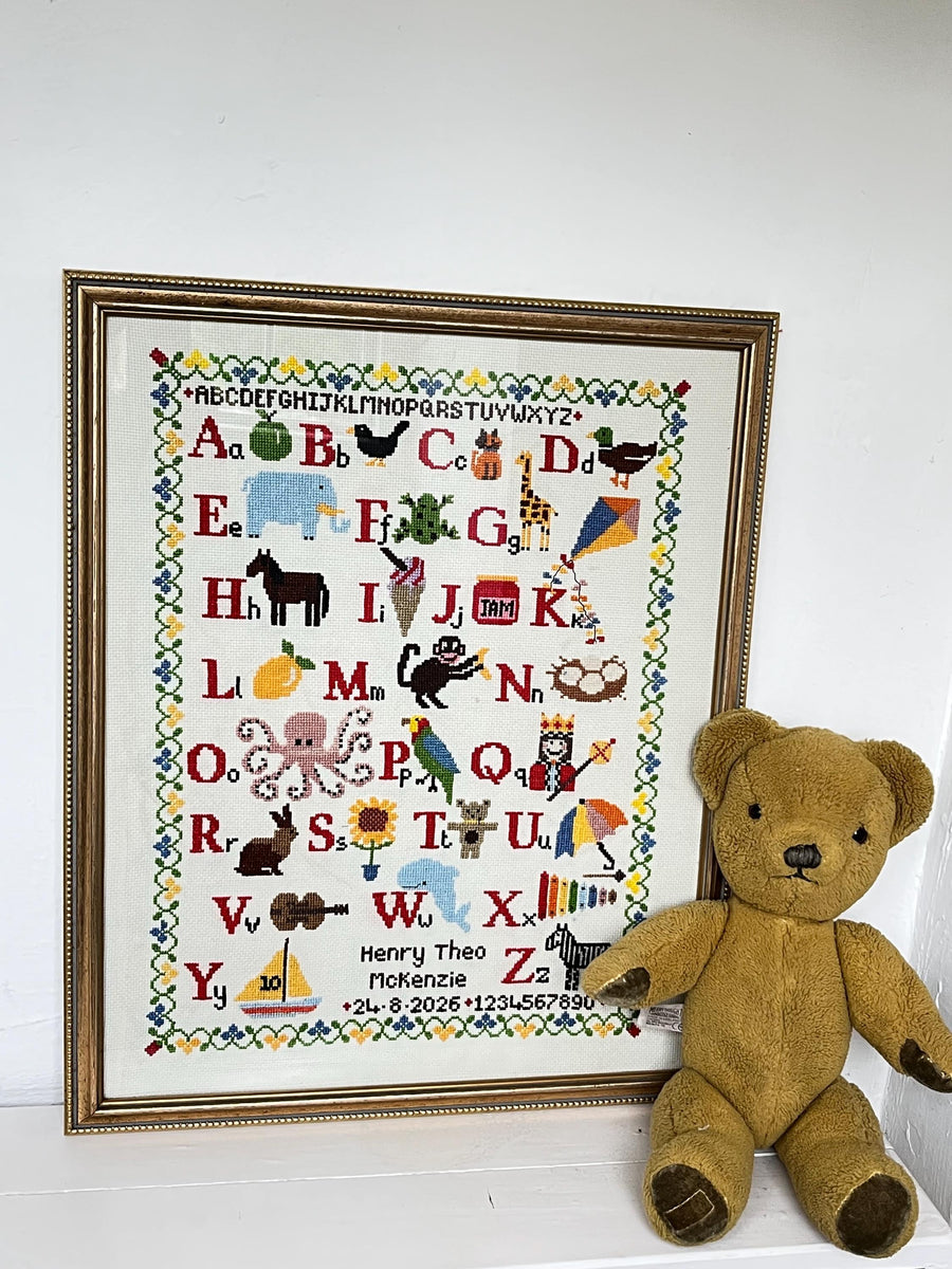 Cross Stitch Birth Sampler Alphabet Sampler Kit - finished design 46cm x 34cm